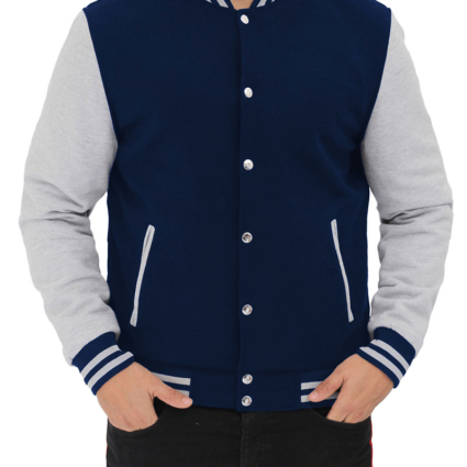 Mens Navy Blue and Gray Varsity Fleece Jacket