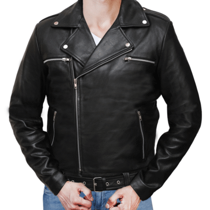 Men’s Negan Police Style Motorcycle Black Leather Jacket