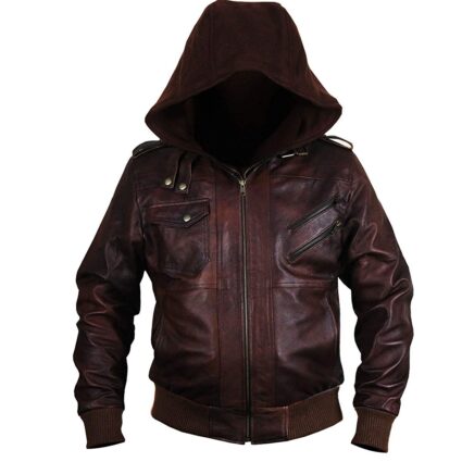New Brown Genuine Bomber Style Removable Hood Leather Jacket