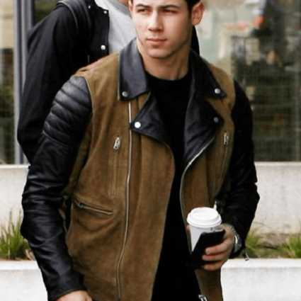 Mens Nick Jonas Biker Suede Leather Jacket