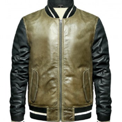 Mens Olive Green Bomber Leather Jacket