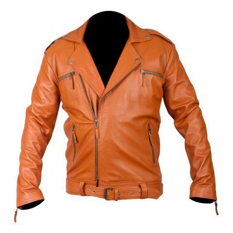 Mens Orange Belted Designer Style Leather Jacket