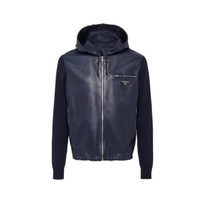 Prada Nappa Navy Blue Hoodie Leather Jacket