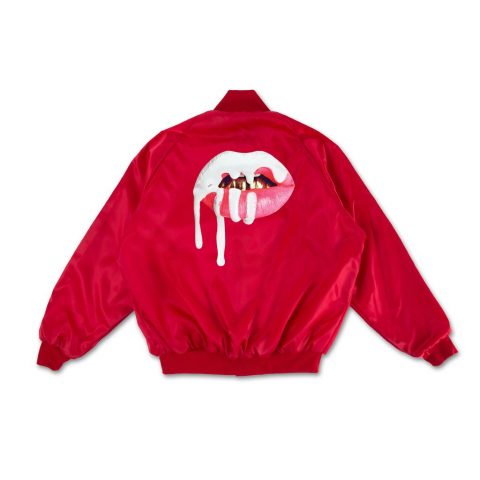 Printed Red Lips Logo Satin Bomber Jacket