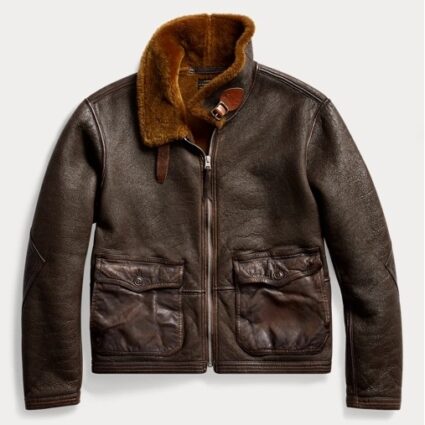 Ralph Lauren RRL Trim Shearling Collar Brown Leather Jacket