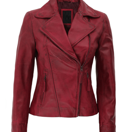 Ramsey Womens Red Asymmetrical Slim Fit Leather Jacket