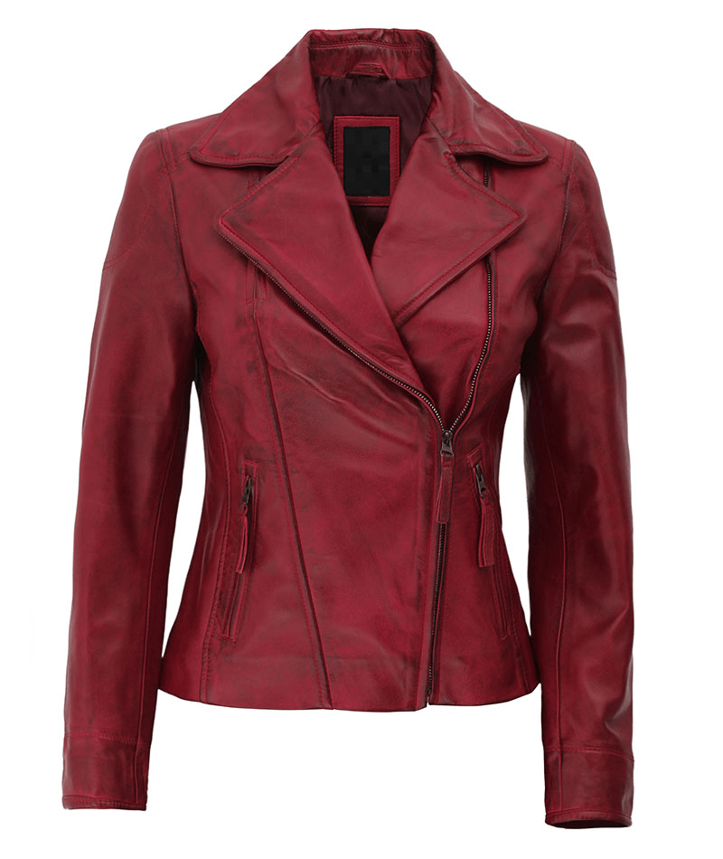 Ramsey Womens Red Asymmetrical Slim Fit Leather Jacket - A2 Jackets