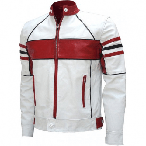 Men's Biker White & Red Leather Jacket