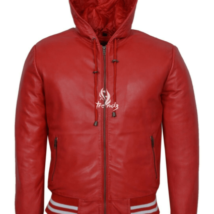 Men's Red Hooded Bomber Sport Leather Jacket