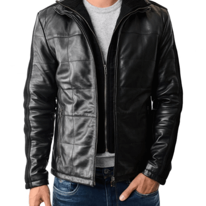 Mens Rib Knit Paneled Black Reline Padded Leather Jacket