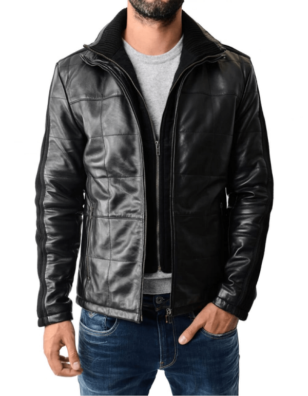 Mens Rib Knit Paneled Black Reline Padded Leather Jacket - A2 Jackets