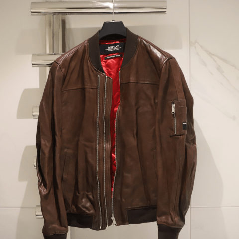 Mens Replay Brown Bomber Leather Jacket