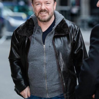 Ricky Gervais After Life Black Fur Leather Jacket