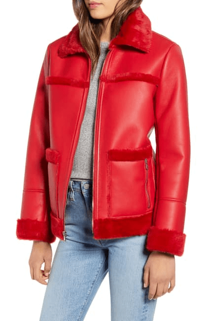 Sam Edelman Red Faux Fur Trim Leather Jacket - A2 Jackets