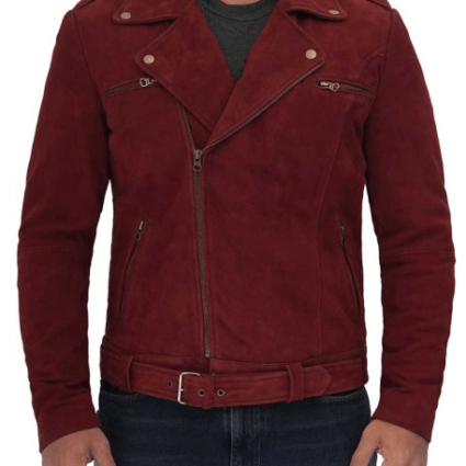 Mens Sean Biker Maroon Suede Leather Jacket