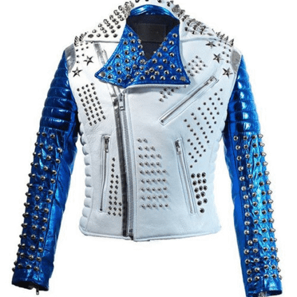 Mens Punk Silver Studded Biker Leather Jacket