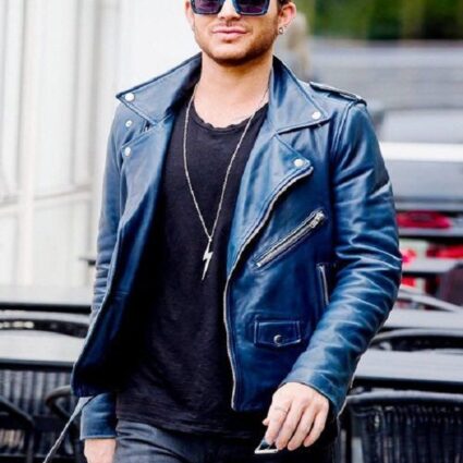 Singer Adam Lambert Blue Leather Jacket