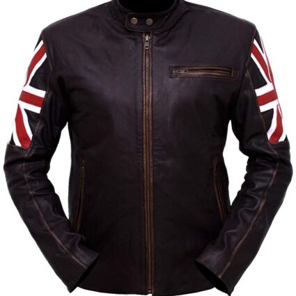 Slim Fit UK Flag Distressed Brown Leather Jacket