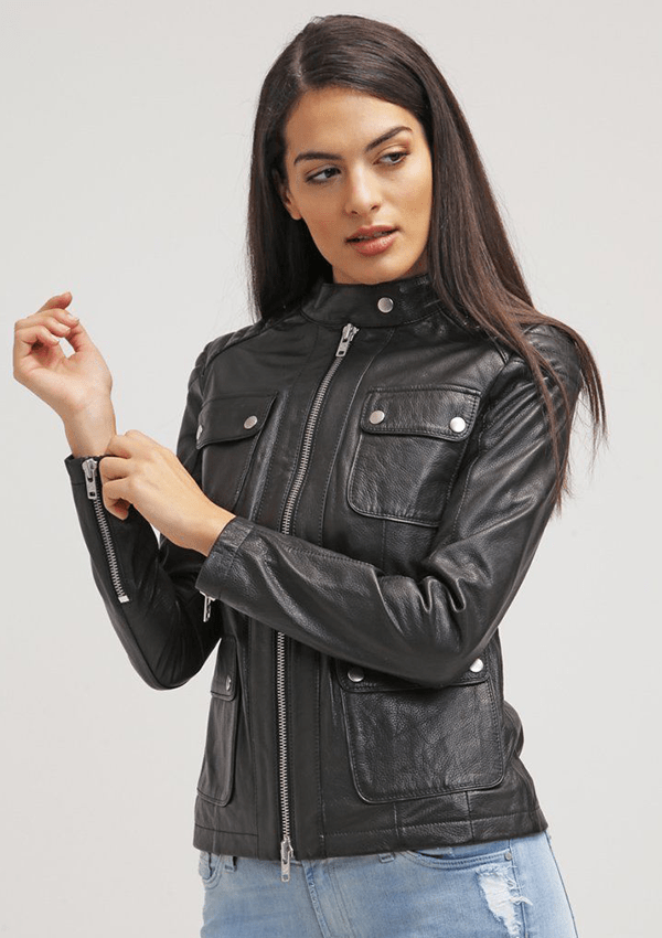 Sophia Black Biker Leather Jacket - A2 Jackets