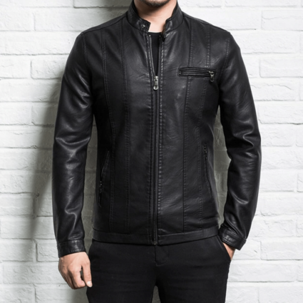 Mens Spring Slim Zipper Black Leather Jacket