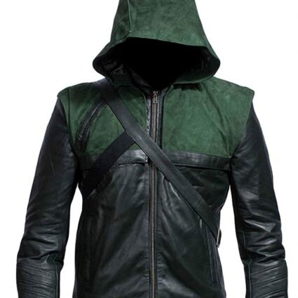 (Stephen Amell) Green Arrow Hooded Leather Jacket
