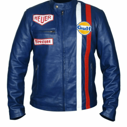 Steve Mcqueen Le Mans Gulf Racing Style Stripes Leather Jacket