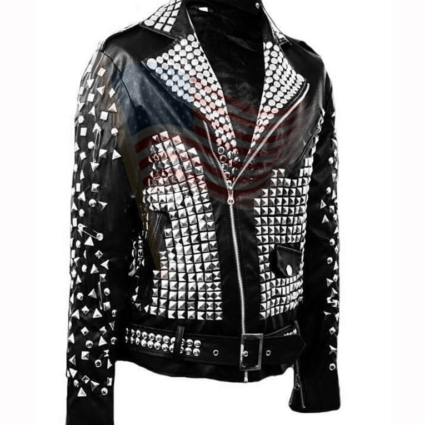 Mens Black Studded Punk Biker Leather Jacket