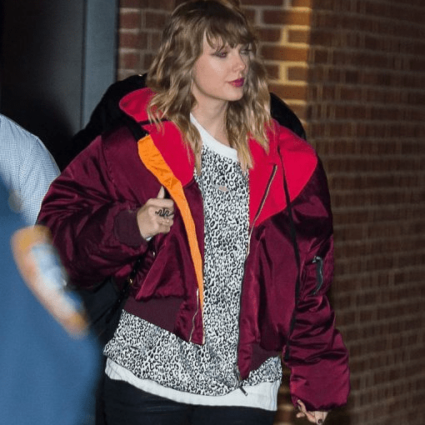 Taylor Swift Burgundy Oversized Satin Bomber Jacket