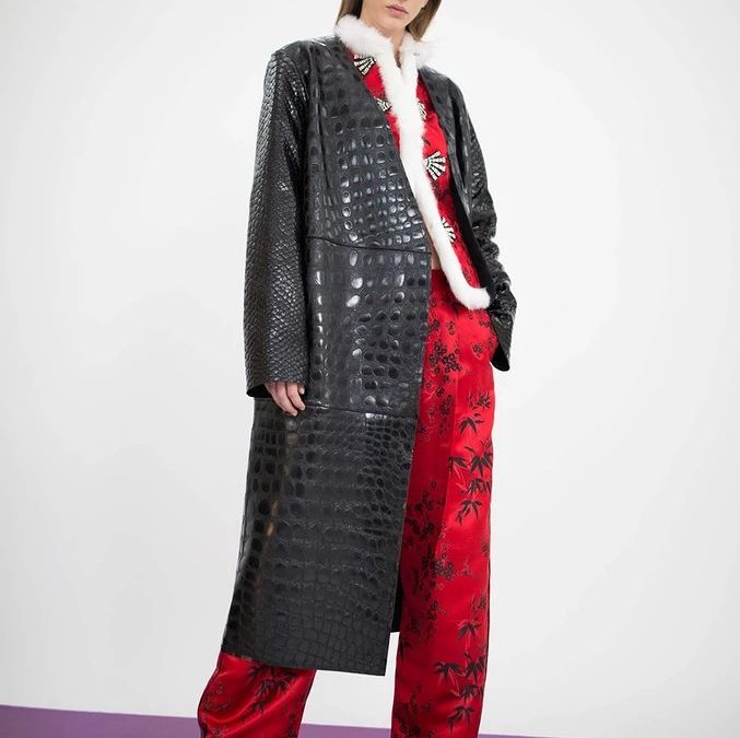 The Attico 'Maria' Crocodile Embossed Glossed Leather Wrap Coat