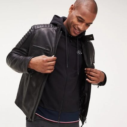 Tommy X Mercedes-Benz Black Racer Hoodie Leather Jacket