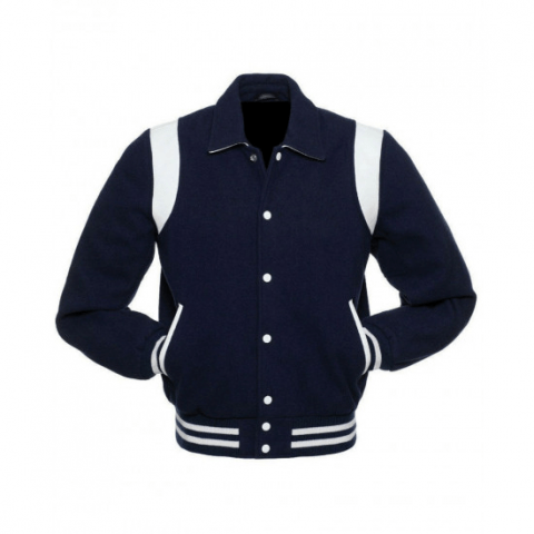 Men’s Bomber Varsity College Collared Blue Fleece Jacket