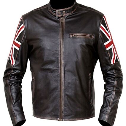 Vintage Distressed Brown Union Jack Cafe Racer Leather Jacket