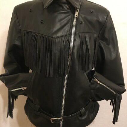 Vintage Steer Brand Black Leather Fringe Biker Western Jacket