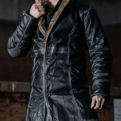 Men's Warlock Grey Striped Black Leather Coat