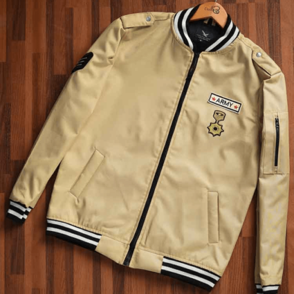 Wheat Front Badges Striped Bomber Jacket