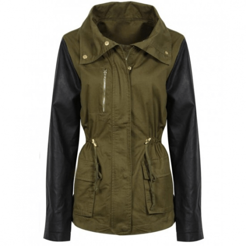 Army Green Cotton Jacket With Leather Sleeves For Womens