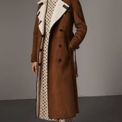 Womens Shearling Fur Double Breasted Leather Coat