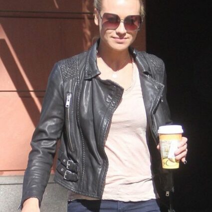 Yvonne Strahovski Black Bomber Leather Jacket