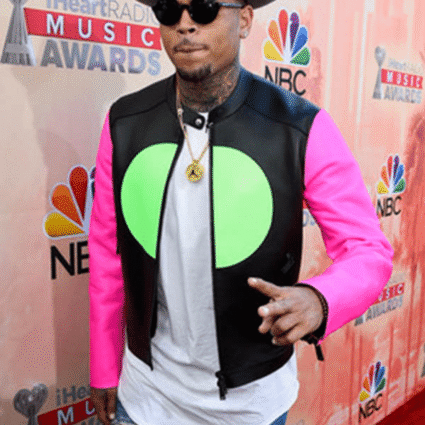 Chris Brown i Heart Radio Pink Sleeves Leather Jacket