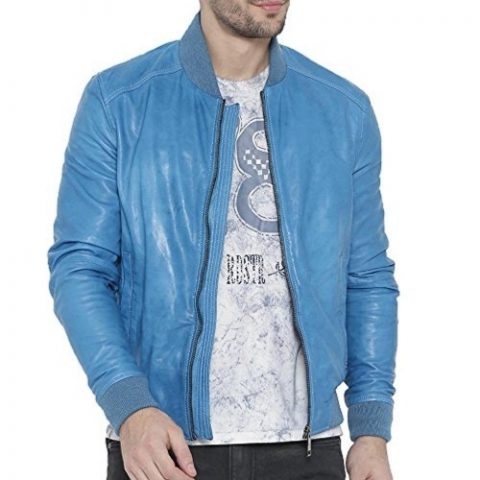Light Blue Leather Bomber Jacket