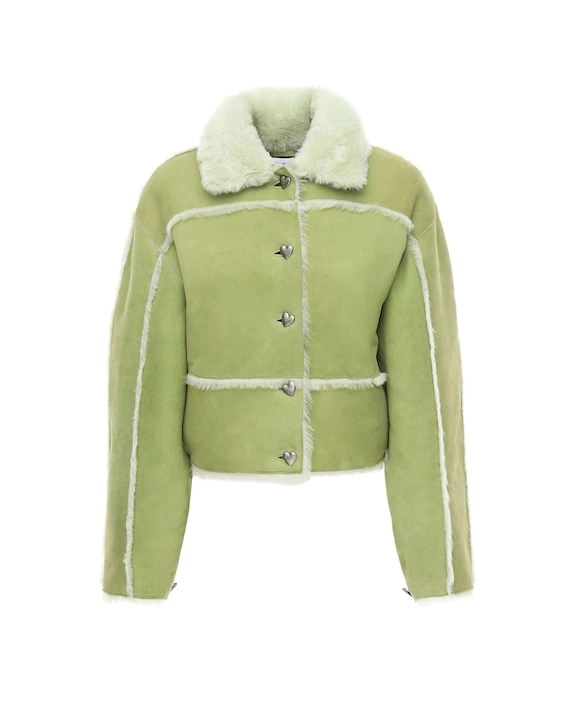 Saks Potts Cropped Shearling Green Leather Jacket