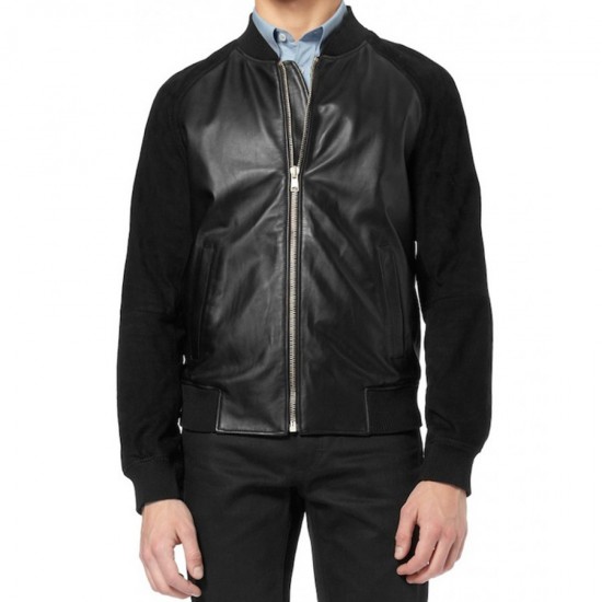 Andrew Garfield Suede Sleeves Black Leather Bomber Jacket