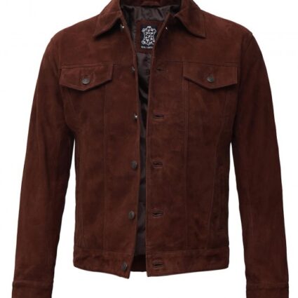 Logan Dark Brown Suede Trucker Jacket For Men