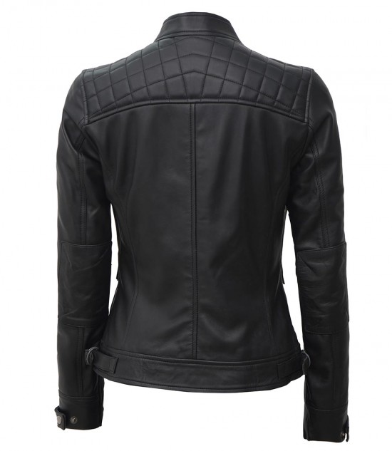 Johnson Women Black Quilted Motorcycle Leather Jacket