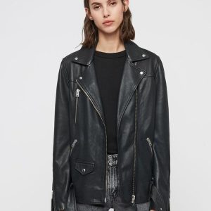 Oversized Black Faux Leather Long Vintage Biker Jacket