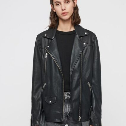 Oversized Black Faux Leather Long Vintage Biker Jacket