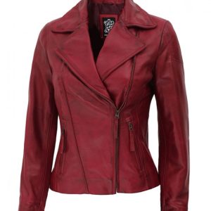 Ramsey Womens Red Asymmetrical Slim Fit Leather Jacket