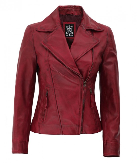 Ramsey Womens Red Asymmetrical Slim Fit Leather Jacket