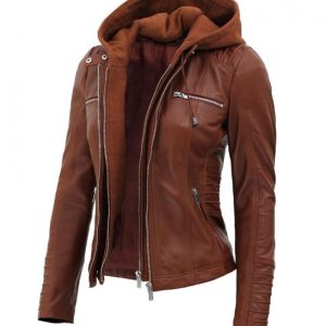 Womens Brown Cafe Racer Leather Jacket With Removable Hood