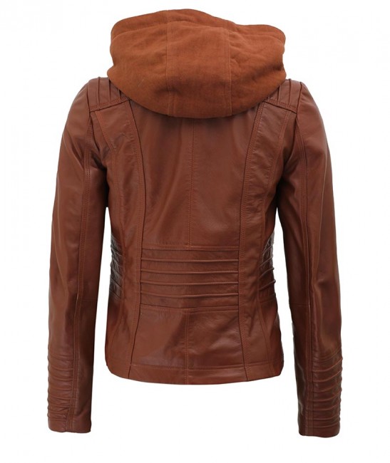 Womens Brown Cafe Racer Leather Jacket With Removable Hood